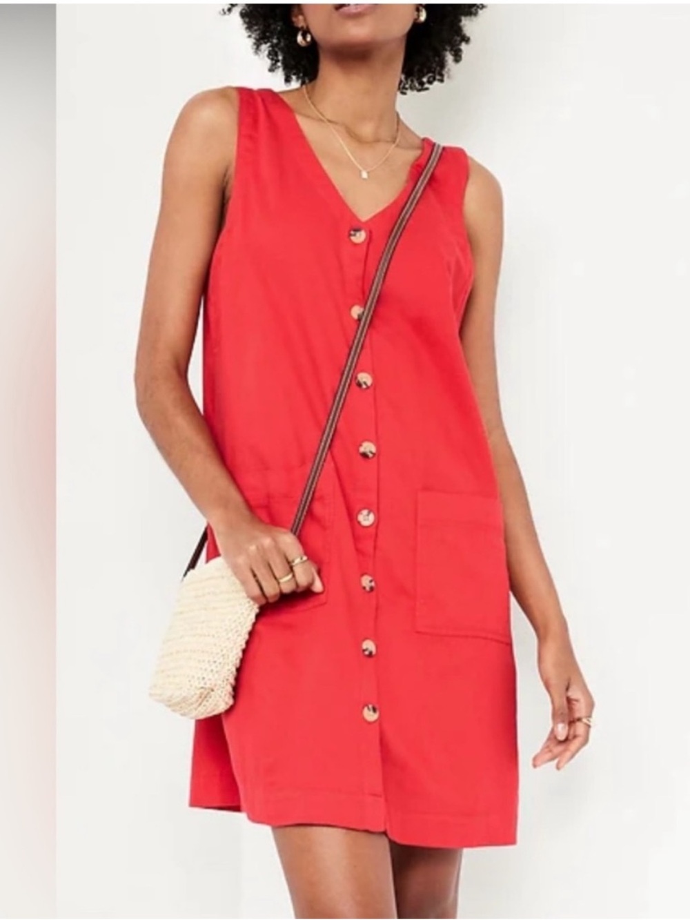 NWT Red Button-Front Cotton Sleeveless Shift Dress - Picture 3 of 3